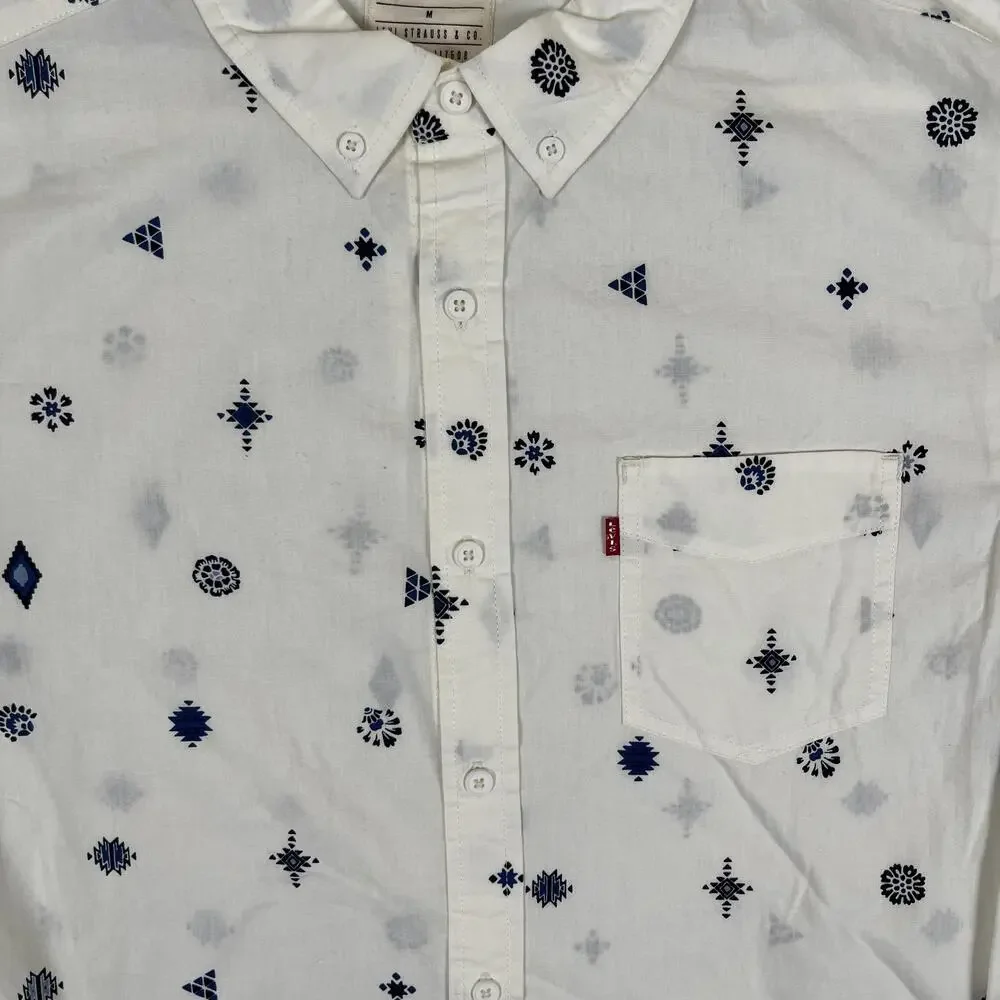 Levi's Shirt Mens Medium White Geometric Short Sleeve Button Front Casual Summer